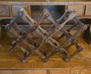 Vintage Mid Century Modern Folding Accordion Solid Wood Wine Rack MCM 10 Bottles